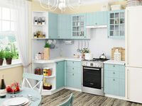 Небольшая угловая кухня в голубом и белом цвете Брест